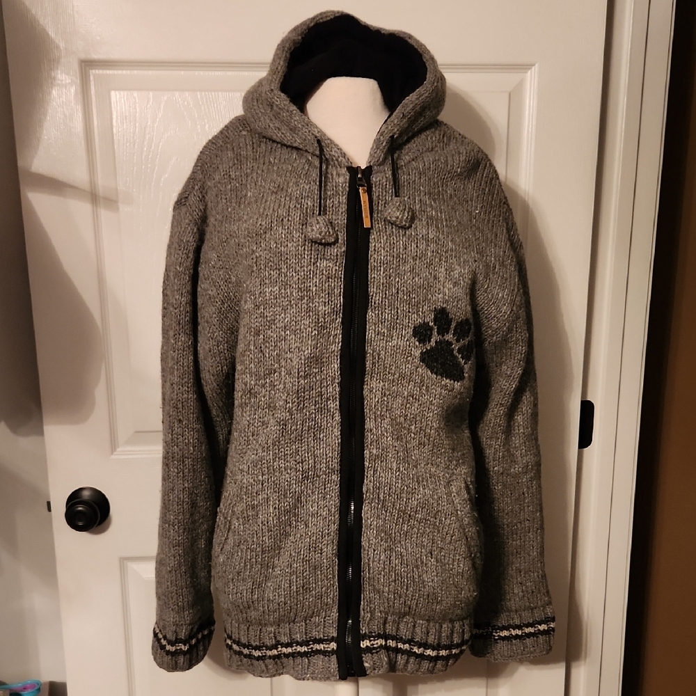 Gray and Black Insulated, Zippered Cardigan with Paw Print